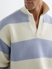 Reiss White/Soft Blue Melange Winger Cotton-Blend Open-Collar Rugby Jumper - Image 4 of 7