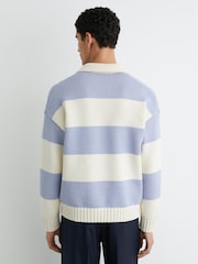 Reiss White/Soft Blue Melange Winger Cotton-Blend Open-Collar Rugby Jumper - Image 6 of 7