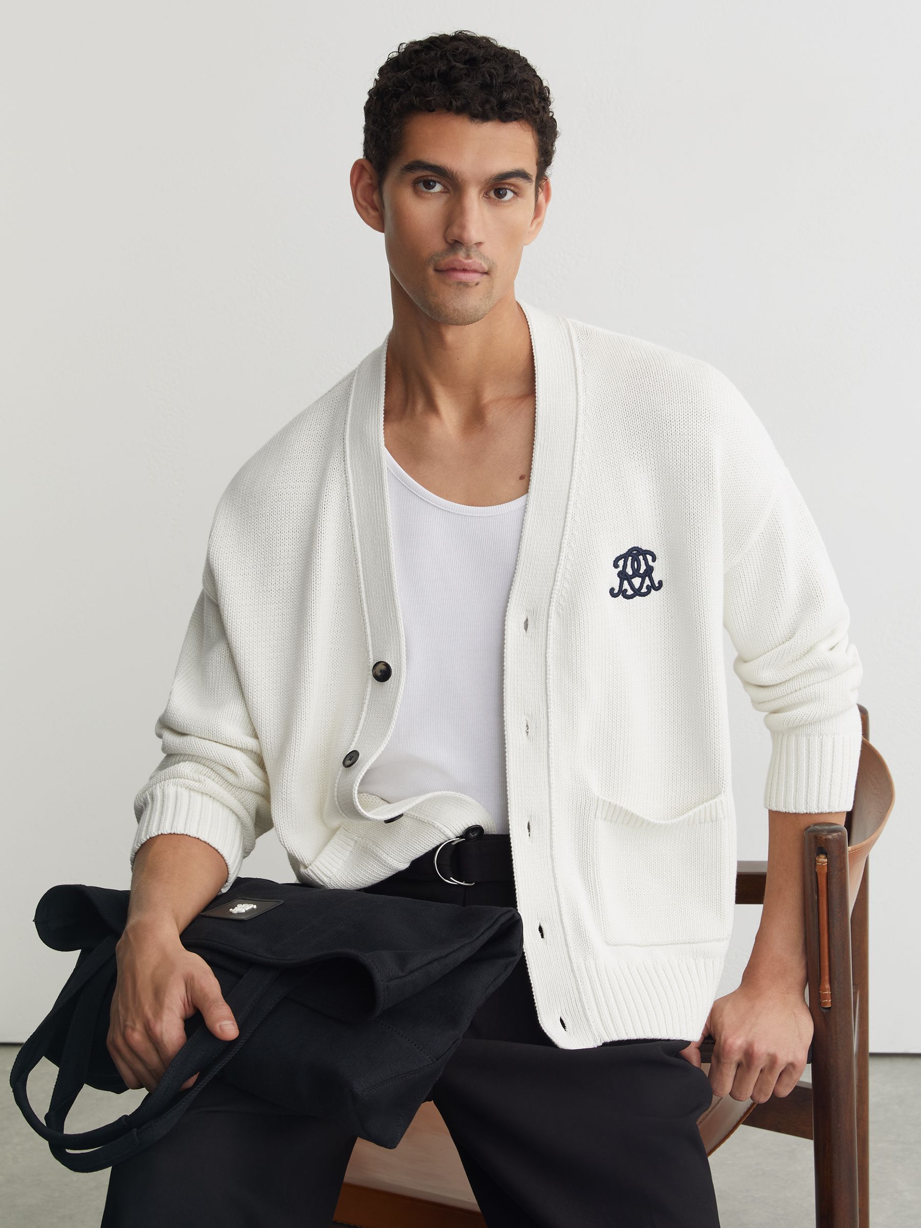 Buy Reiss Off White Coates Monogram-Embroidered Relaxed Cardigan