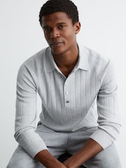 Reiss Soft Grey Dillingham Wide-Ribbed Half-Button Polo Jumper - Image 1 of 7