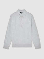 Reiss Soft Grey Dillingham Wide-Ribbed Half-Button Polo Jumper - Image 2 of 7