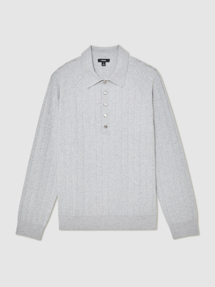 Reiss Soft Grey Dillingham Wide-Ribbed Half-Button Polo Jumper - Image 2 of 7