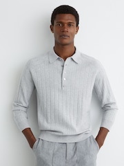 Reiss Soft Grey Dillingham Wide-Ribbed Half-Button Polo Jumper - Image 4 of 7