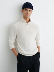 Reiss Snow White Findlay Merino Wool Wide-Rib Half-Zip Jumper - Image 1 of 5