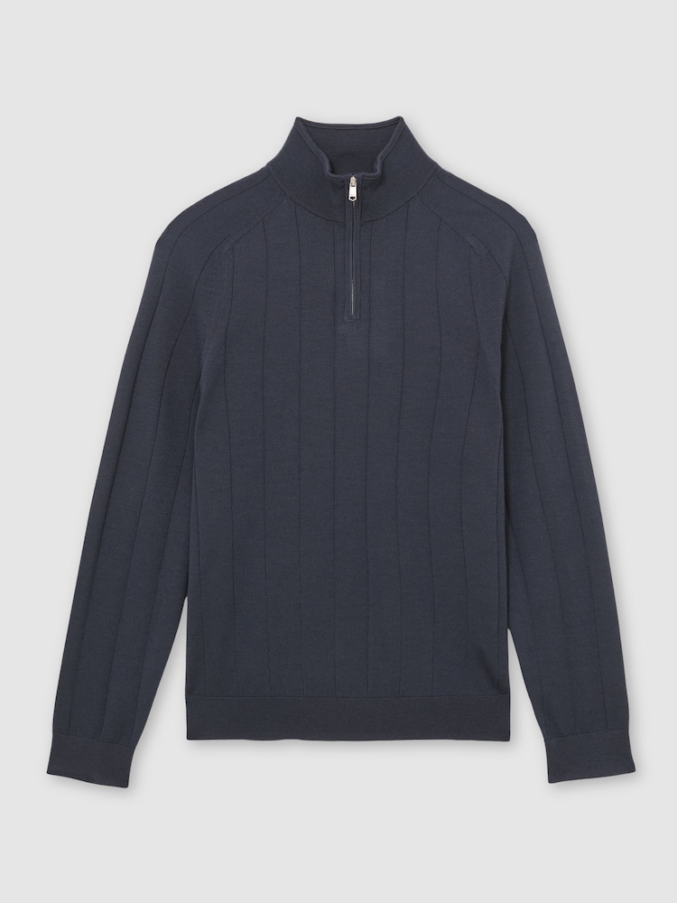Reiss Airforce Blue Findlay Merino Wool Wide-Rib Half-Zip Jumper - Image 2 of 6
