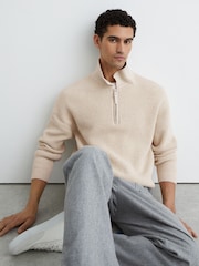 Reiss Oatmeal Melange Prop Cotton-Blend Rib Half-Zip Polo Jumper - Image 1 of 7