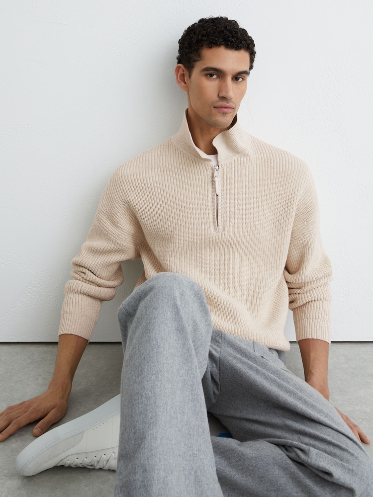 Reiss Oatmeal Melange Prop Cotton-Blend Rib Half-Zip Polo Jumper - Image 1 of 7