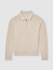 Reiss Oatmeal Melange Prop Cotton-Blend Rib Half-Zip Polo Jumper - Image 2 of 7