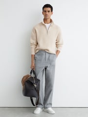 Reiss Oatmeal Melange Prop Cotton-Blend Rib Half-Zip Polo Jumper - Image 3 of 7