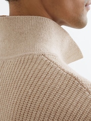 Reiss Oatmeal Melange Prop Cotton-Blend Rib Half-Zip Polo Jumper - Image 4 of 7