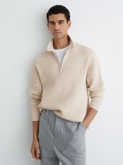 Reiss Oatmeal Melange Prop Cotton-Blend Rib Half-Zip Polo Jumper - Image 5 of 7