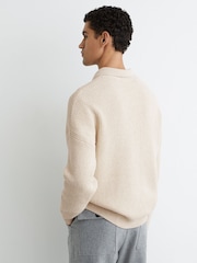 Reiss Oatmeal Melange Prop Cotton-Blend Rib Half-Zip Polo Jumper - Image 6 of 7