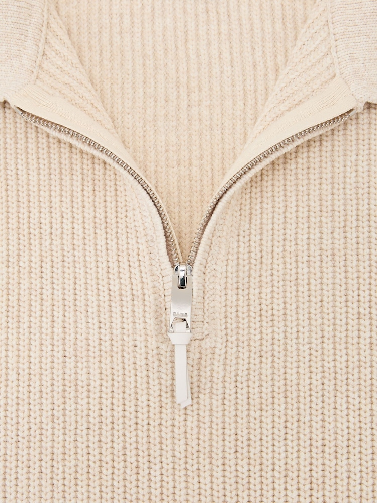 Reiss Oatmeal Melange Prop Cotton-Blend Rib Half-Zip Polo Jumper - Image 7 of 7