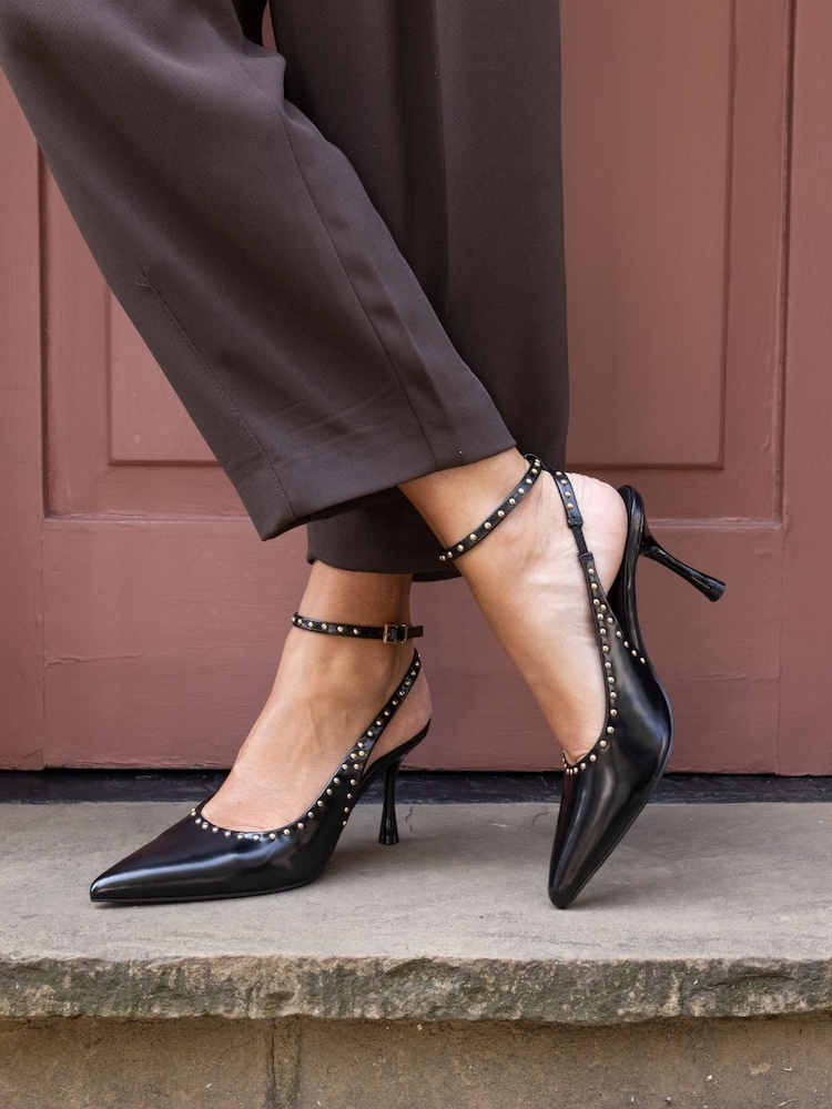 Novo Black Wide Fit Italia Stud Detail Ankle Strap Point Courts - Image 1 of 6 Novo Black Wide Fit Italia Stud Detail Ankle Strap Point Courts - Image 1 of 6