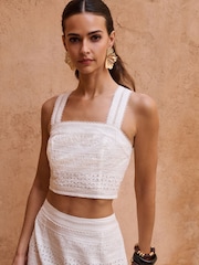 Lipsy White Broderie Square Neck Cropped Top - Image 1 of 4