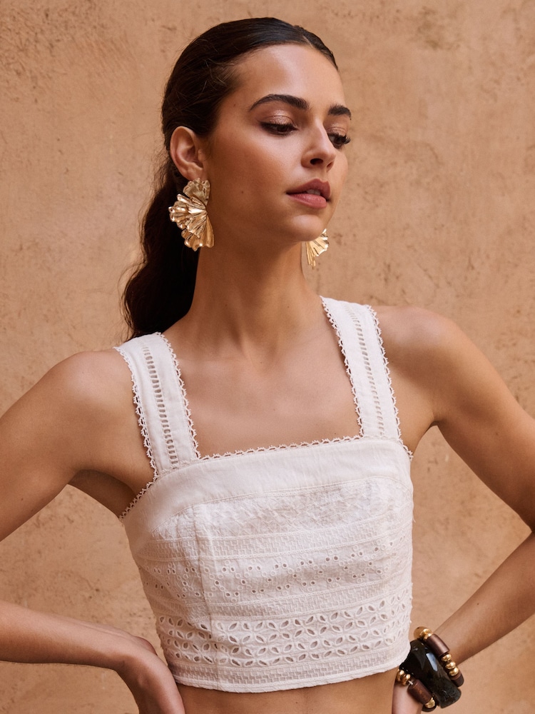 Lipsy White Broderie Square Neck Cropped Top - Image 4 of 4