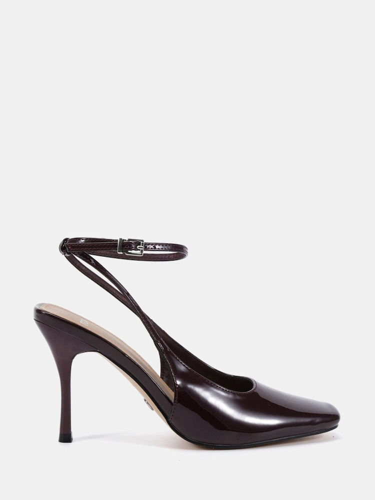 Novo Brown Regular Fit Icon Square Toe High Stiletto Slingback Ankle Strap Court Shoes - Image 2 of 6