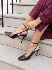 Novo Brown Wide Fit Icon Square Toe High Stiletto Slingback Ankle Strap Court Shoes - Image 1 of 6