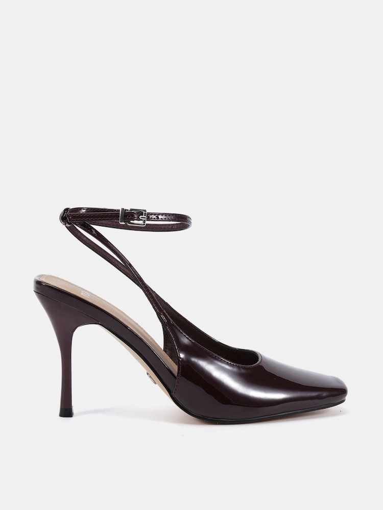 Novo Brown Wide Fit Icon Square Toe High Stiletto Slingback Ankle Strap Court Shoes - Image 2 of 6