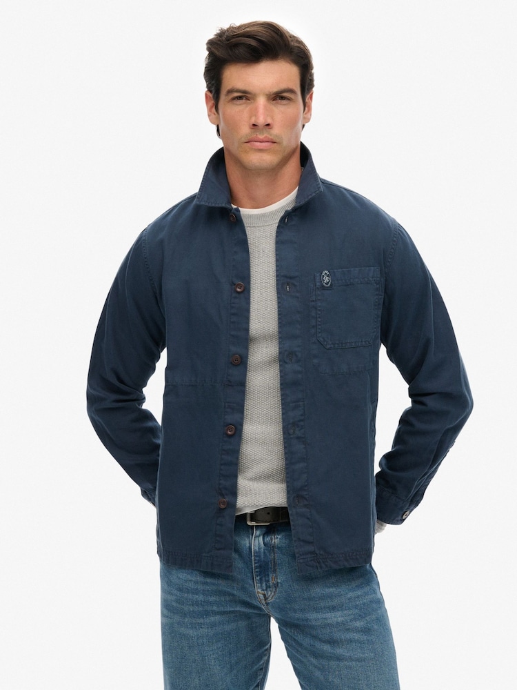 Superdry Blue The Merchant Store Linen Blend Overshirt - Image 1 of 7 Superdry Blue The Merchant Store Linen Blend Overshirt - Image 1 of 7