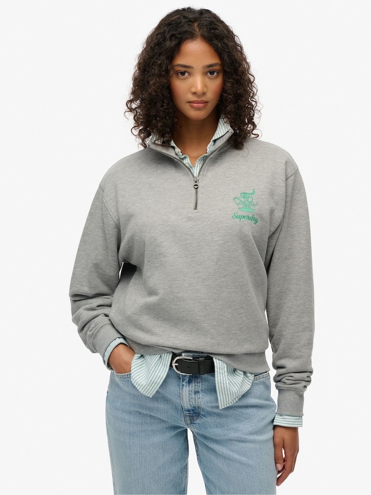 Superdry Grey Country Club Crest Half Zip Sweatshirt - Image 1 of 7 Superdry Grey Country Club Crest Half Zip Sweatshirt - Image 1 of 7