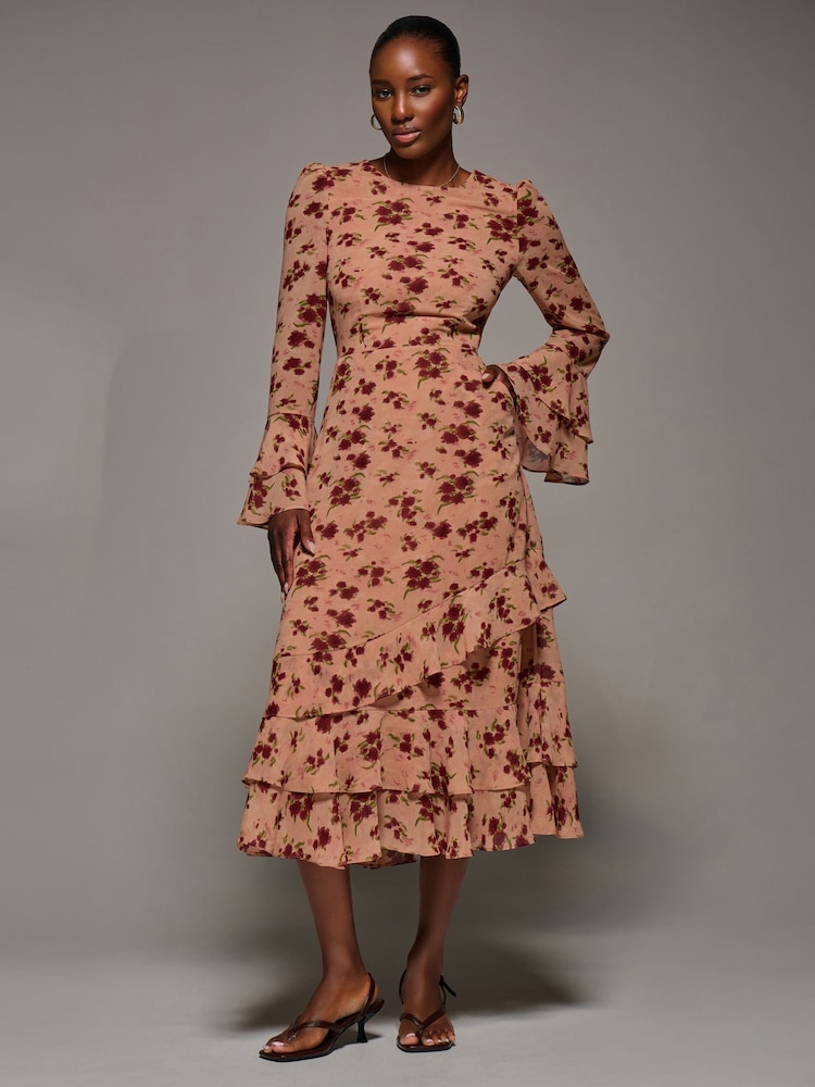 Jolie Moi Orange Long Sleeve Frill Chiffon Midaxi Dress - Image 1 of 6 Jolie Moi Orange Long Sleeve Frill Chiffon Midaxi Dress - Image 1 of 6