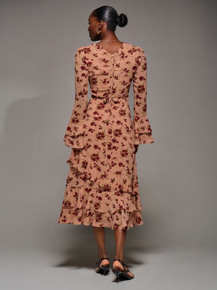 Jolie Moi Orange Long Sleeve Frill Chiffon Midaxi Dress - Image 2 of 6 Jolie Moi Orange Long Sleeve Frill Chiffon Midaxi Dress - Image 2 of 6