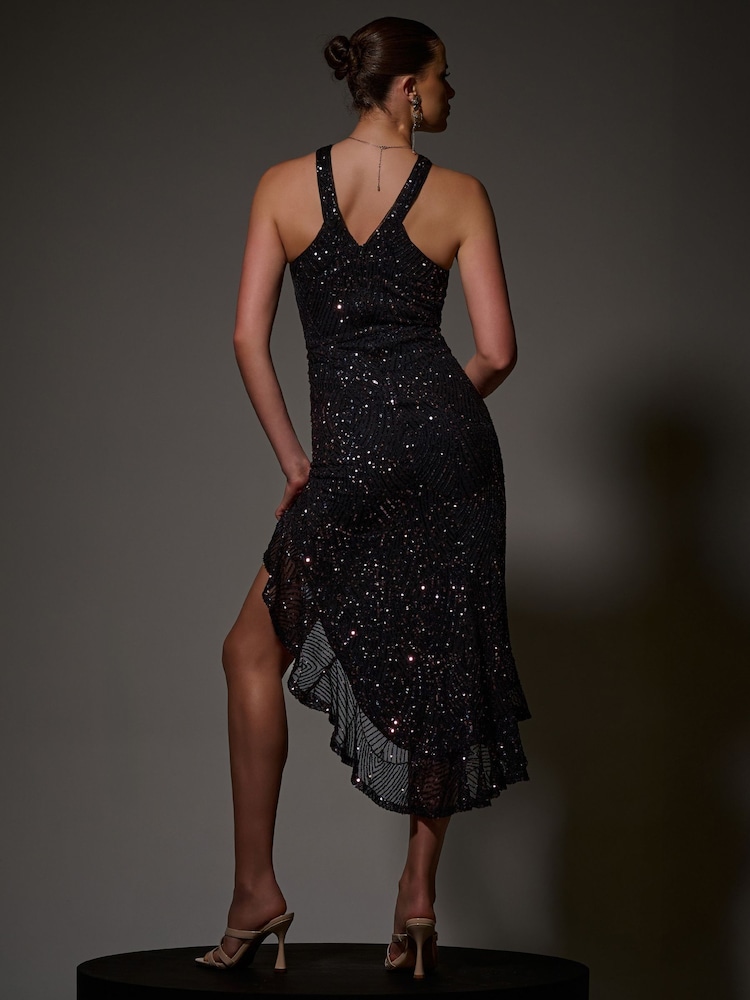 Jolie Moi Blue Side Ruffle Cross Neck Sequin Dress - Image 2 of 6