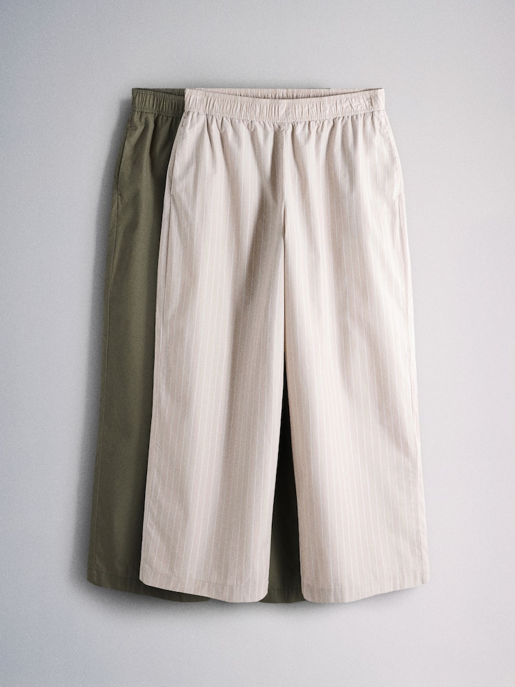 The Set 2 Pack Cotton Pull On Wide Leg Trousers Cream Stripe/Khaki Green - Image 1 of 9