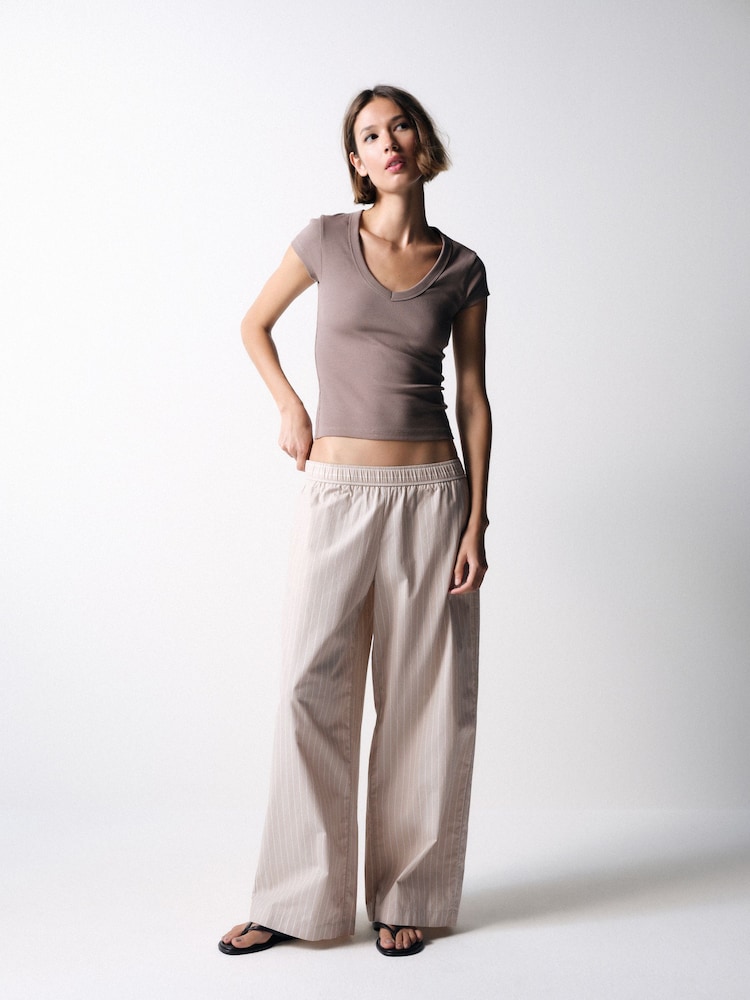 The Set 2 Pack Cotton Pull On Wide Leg Trousers Cream Stripe/Khaki Green - Image 2 of 9