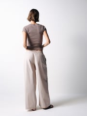 The Set 2 Pack Cotton Pull On Wide Leg Trousers Cream Stripe/Khaki Green - Image 3 of 9