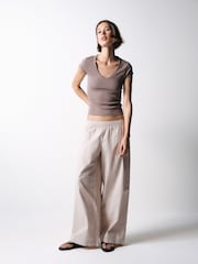 The Set 2 Pack Cotton Pull On Wide Leg Trousers Cream Stripe/Khaki Green - Image 4 of 9