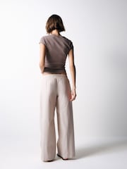 The Set 2 Pack Cotton Pull On Wide Leg Trousers Cream Stripe/Khaki Green - Image 5 of 9