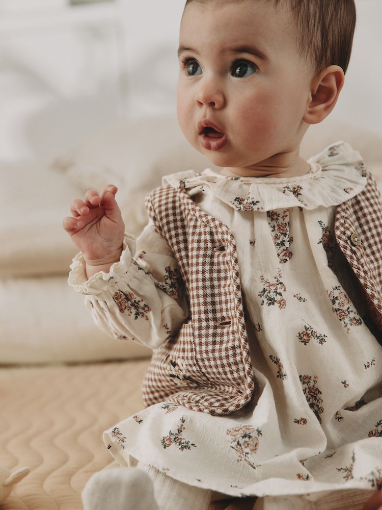 Ecru Floral Woven Baby Dress, Gilet And Tights 3 Piece Set (0mths-2yrs) - Image 2 of 15 Ecru Floral Woven Baby Dress, Gilet And Tights 3 Piece Set (0mths-2yrs) - Image 2 of 15