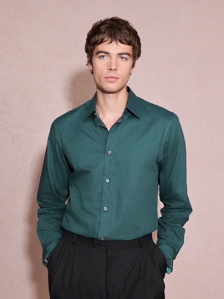 Green Slim Fit Cotton Textured Slim Fit Long Sleeve Formal Shirt With Trim - Image 1 of 9 Green Slim Fit Cotton Textured Slim Fit Long Sleeve Formal Shirt With Trim - Image 1 of 9
