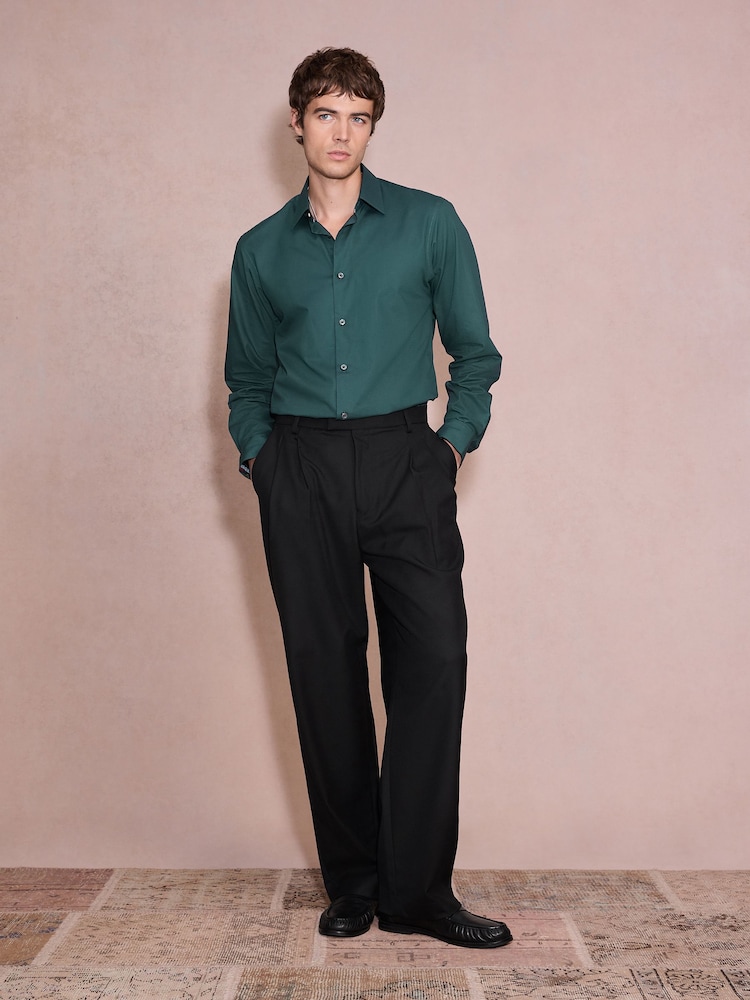 Green Slim Fit Cotton Textured Slim Fit Long Sleeve Formal Shirt With Trim - Image 2 of 9 Green Slim Fit Cotton Textured Slim Fit Long Sleeve Formal Shirt With Trim - Image 2 of 9