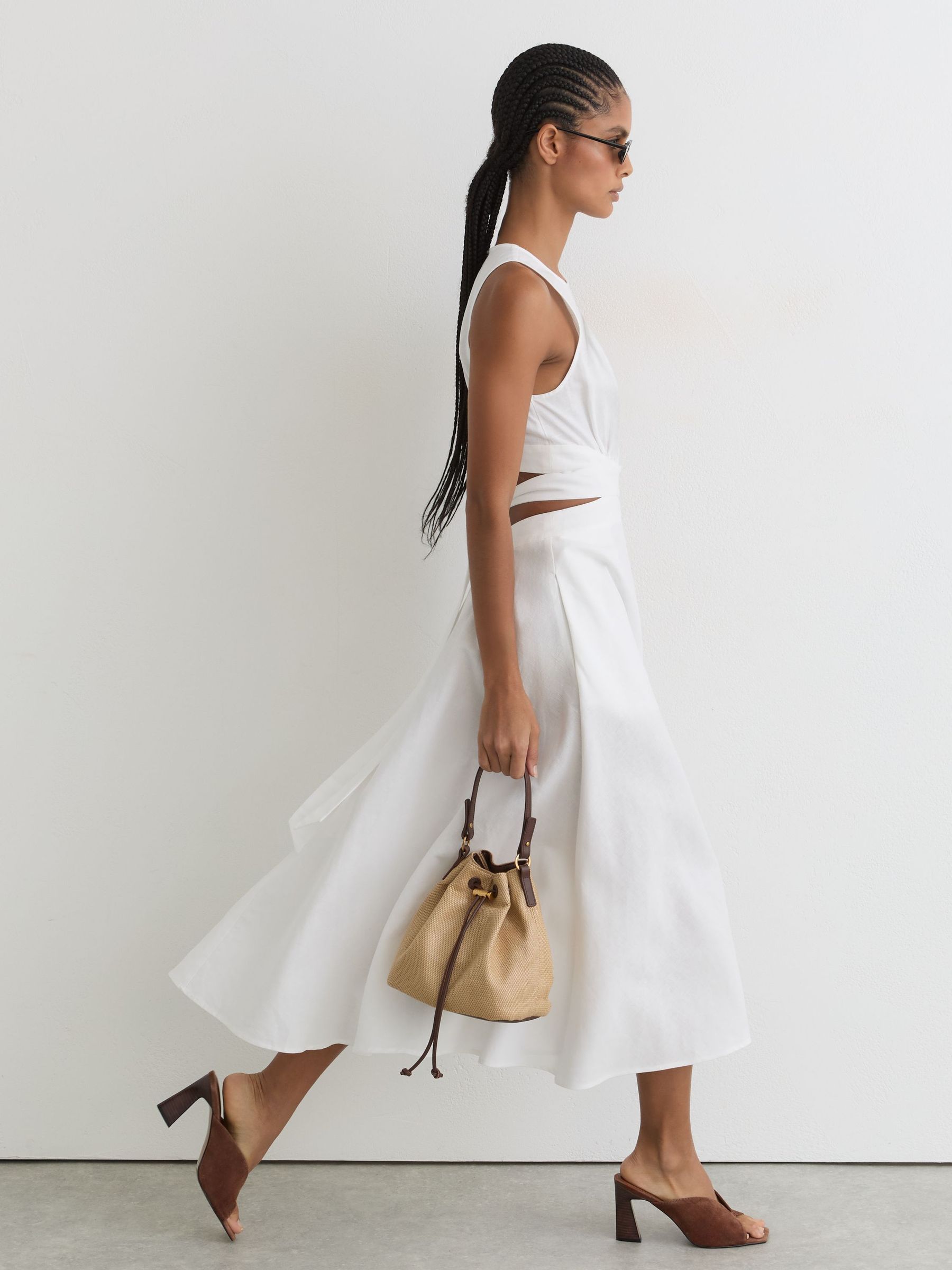 Reiss Ivory Petite Linen-cotton Cut-out Midi Dress In White