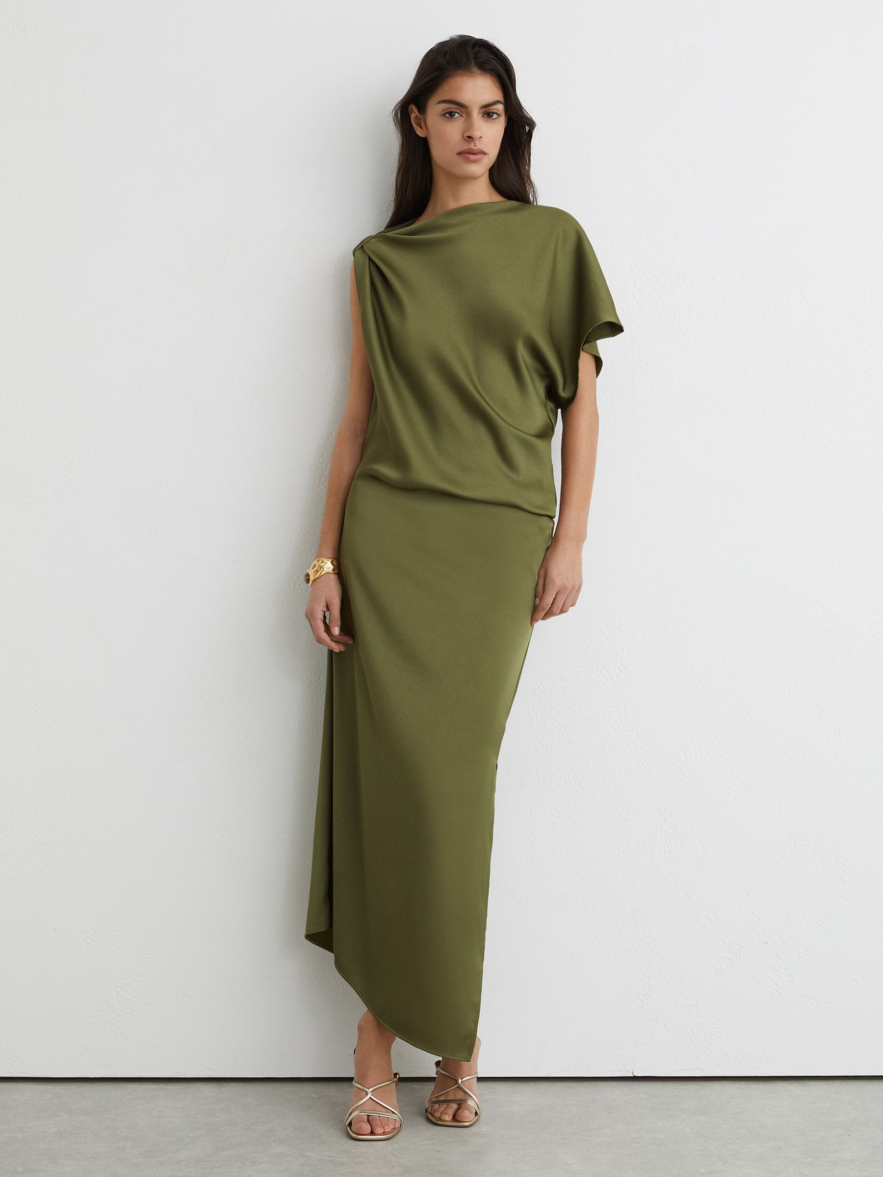 Buy Reiss Olive Green Kenzie Satin Asymmetric Draped Midi Dress