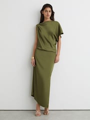 Reiss Olive Green Kenzie Satin Asymmetric Draped Midi Dress - Image 1 of 6