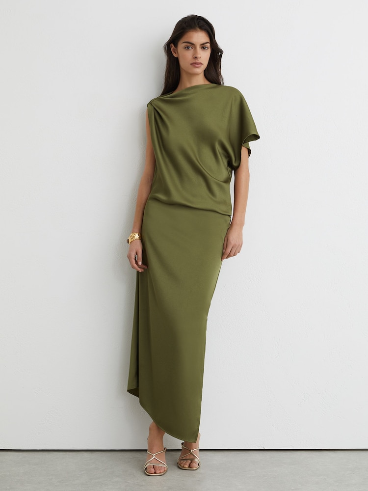 Reiss Olive Green Kenzie Satin Asymmetric Draped Midi Dress - Image 1 of 6