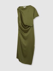 Reiss Olive Green Kenzie Satin Asymmetric Draped Midi Dress - Image 2 of 6