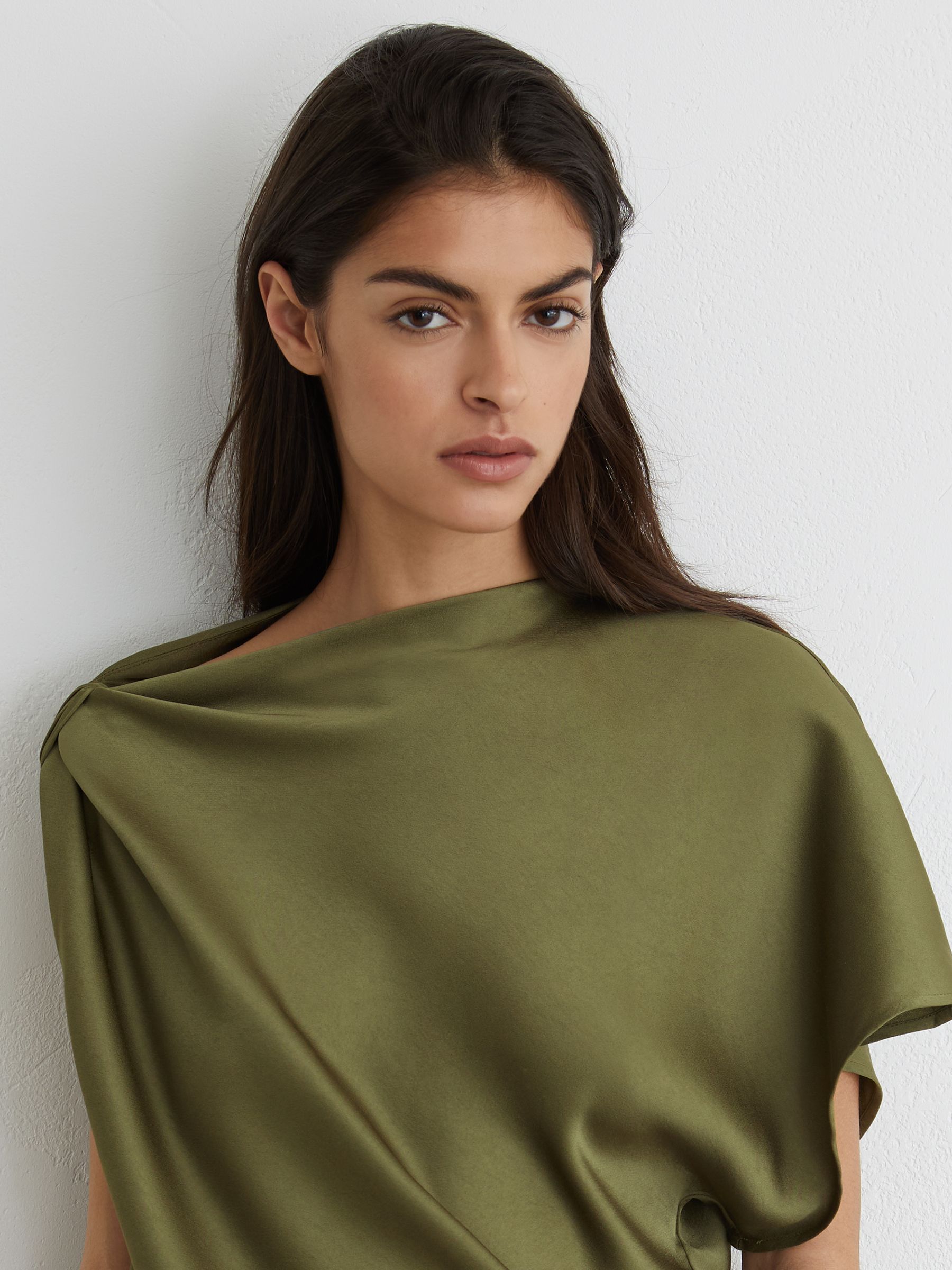 Buy Reiss Olive Green Kenzie Satin Asymmetric Draped Midi Dress