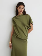 Reiss Olive Green Kenzie Satin Asymmetric Draped Midi Dress - Image 4 of 6