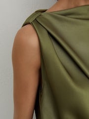 Reiss Olive Green Kenzie Satin Asymmetric Draped Midi Dress - Image 5 of 6
