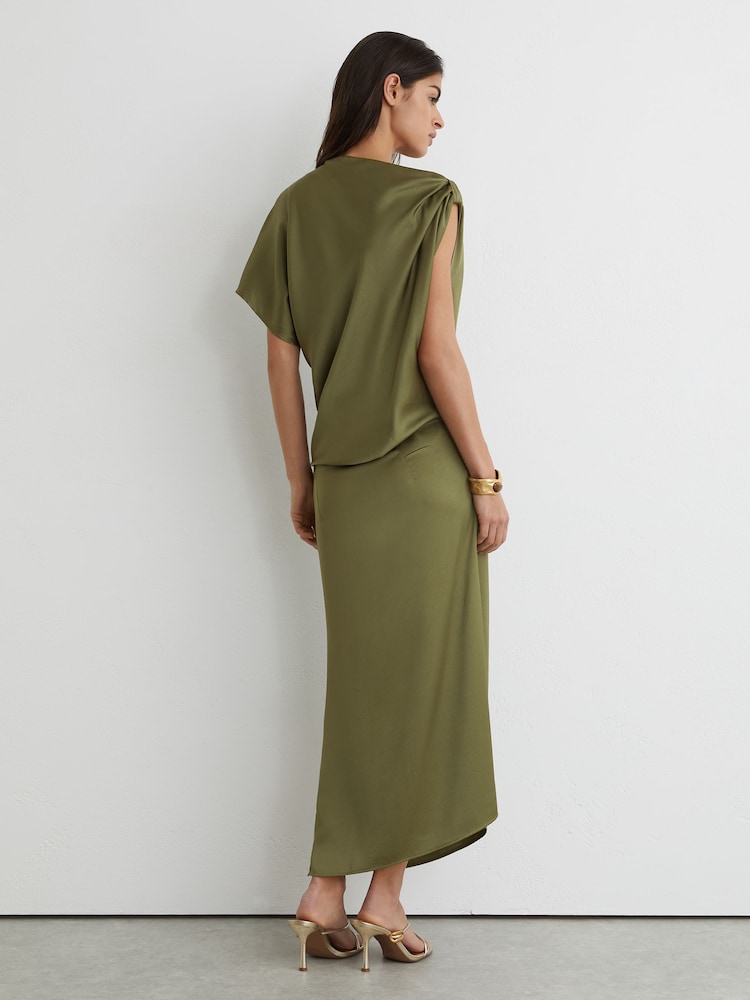 Reiss Olive Green Kenzie Satin Asymmetric Draped Midi Dress - Image 6 of 6