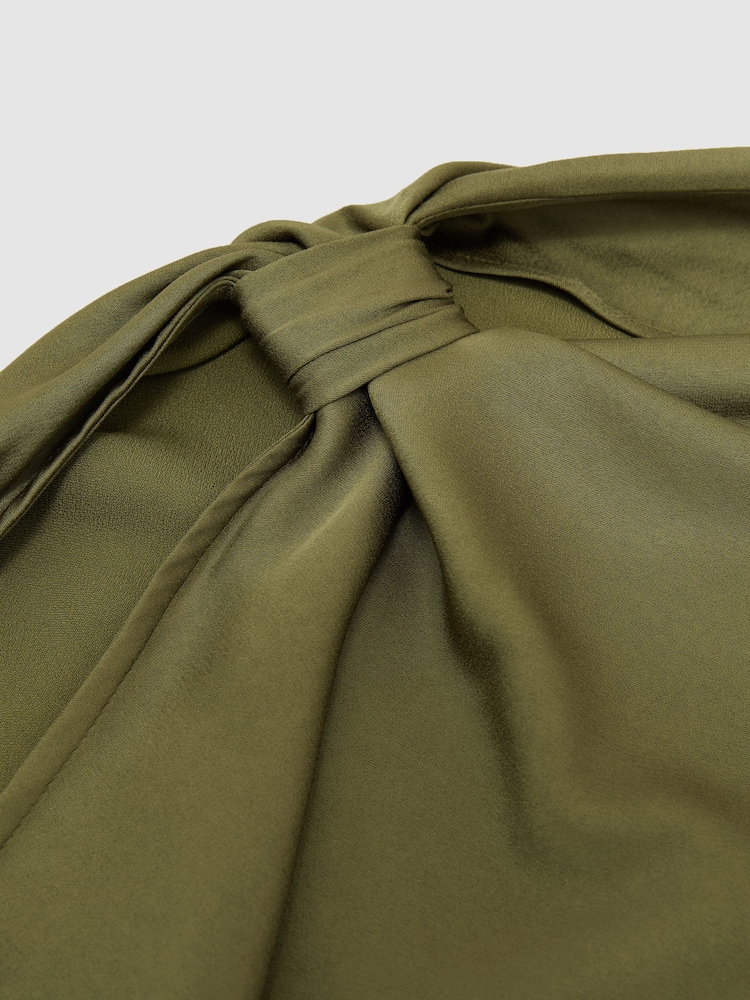 Reiss Olive Green Kenzie Satin Asymmetric Draped Midi Dress - Image 7 of 7