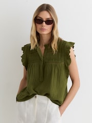 Reiss Olive Green Florie Cotton Cheesecloth Sleeveless Top - Image 1 of 6