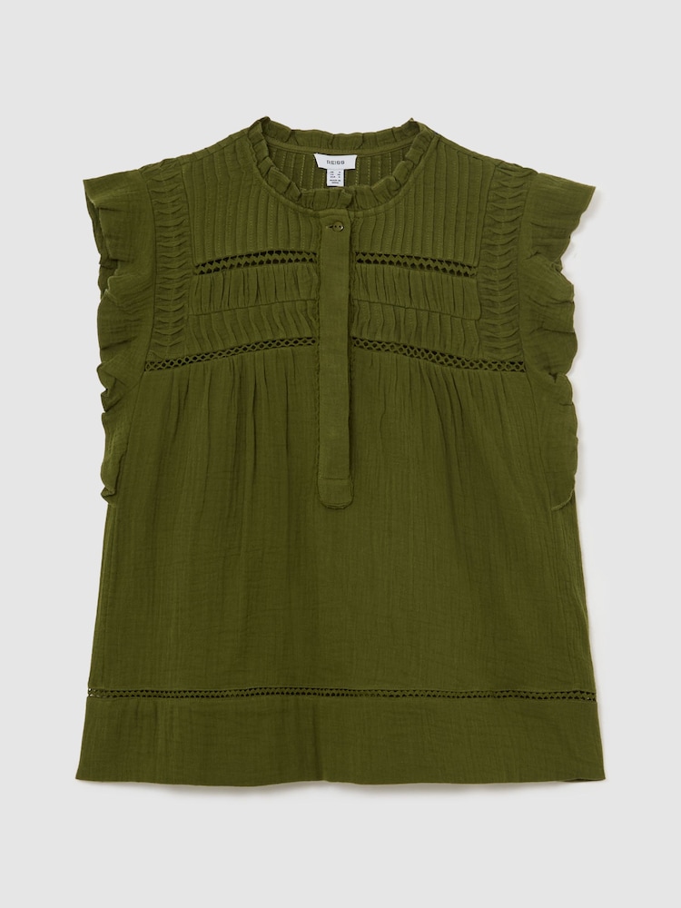 Reiss Olive Green Florie Cotton Cheesecloth Sleeveless Top - Image 2 of 6 Reiss Olive Green Florie Cotton Cheesecloth Sleeveless Top - Image 2 of 6