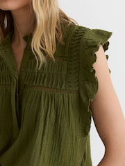 Reiss Olive Green Florie Cotton Cheesecloth Sleeveless Top - Image 4 of 6