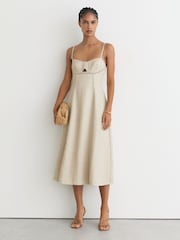 Reiss Neutral Sage Linen-Blend Fit-and-Flare Midi Dress - Image 1 of 6